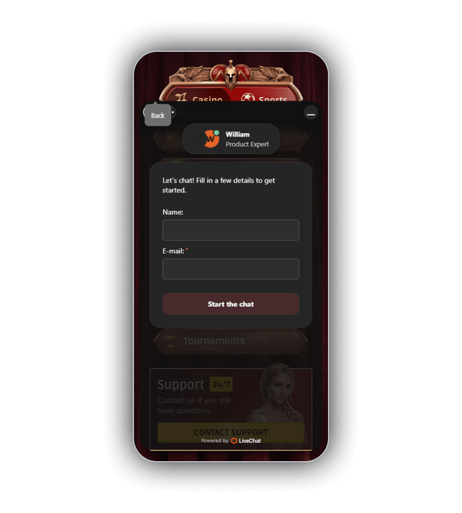 Spartaza LiveChat window with an agent card, Name and E-mail fields and a Start the chat button above the Support 24/7 panel