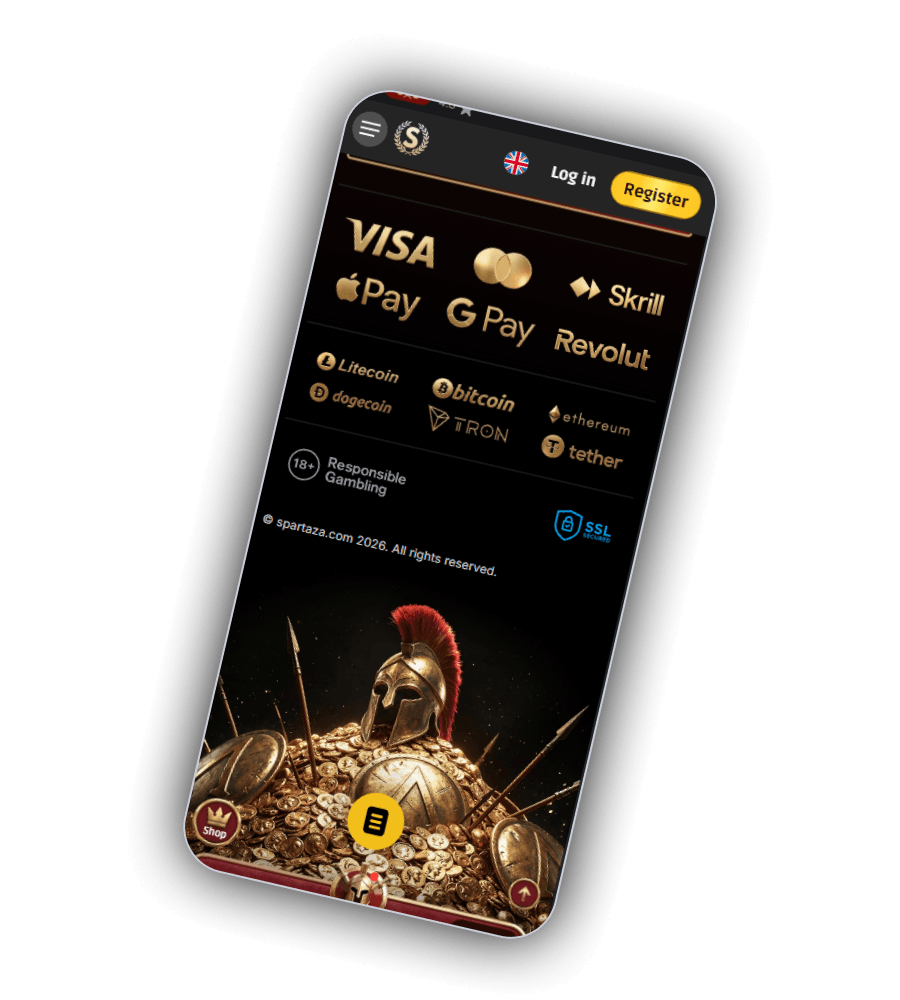 Spartaza footer on a phone with Visa, Mastercard, Apple Pay, Google Pay, Skrill, Revolut and crypto logos above the SSL badge