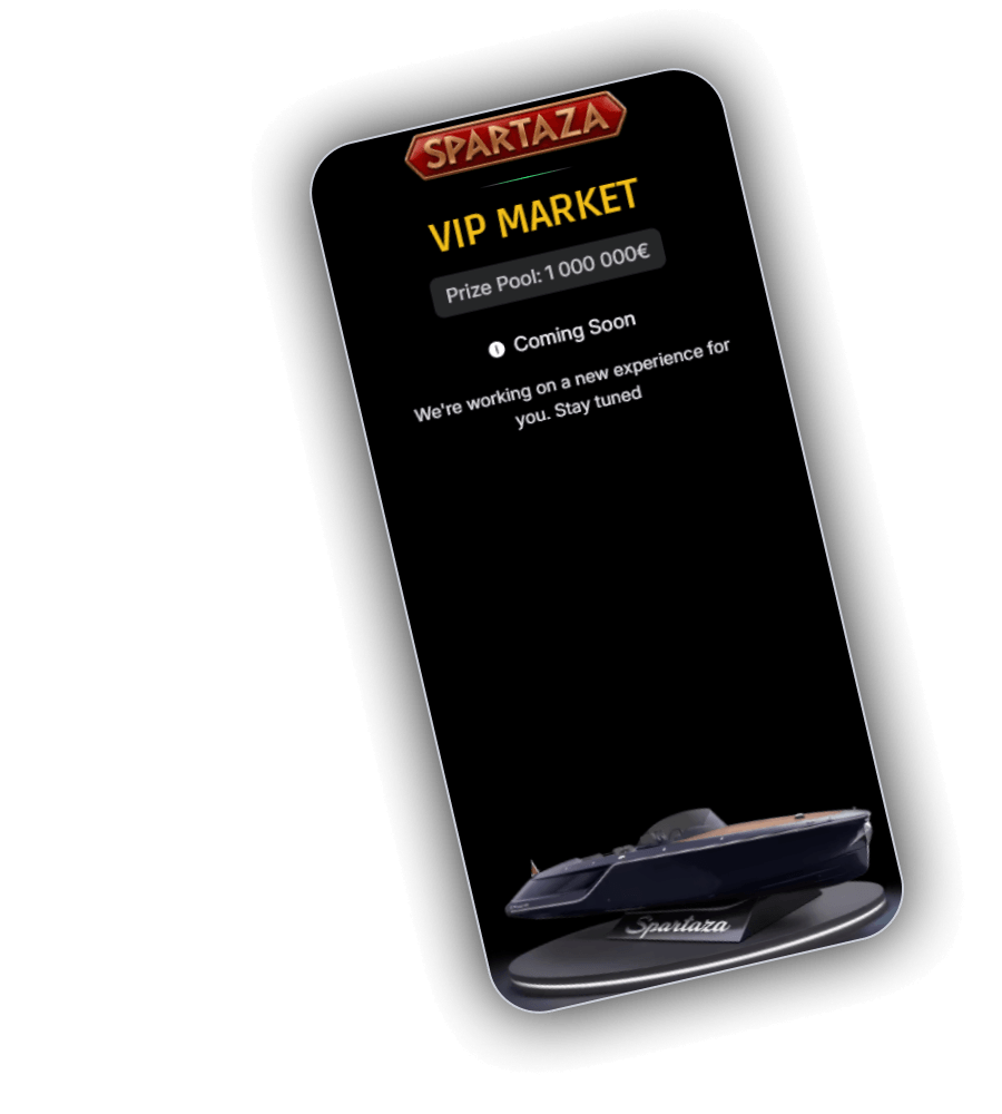 Spartaza VIP Market screen with a Prize Pool of 1&nbsp;000 000 euro, the Coming Soon label and a dark speedboat on a Spartaza stand